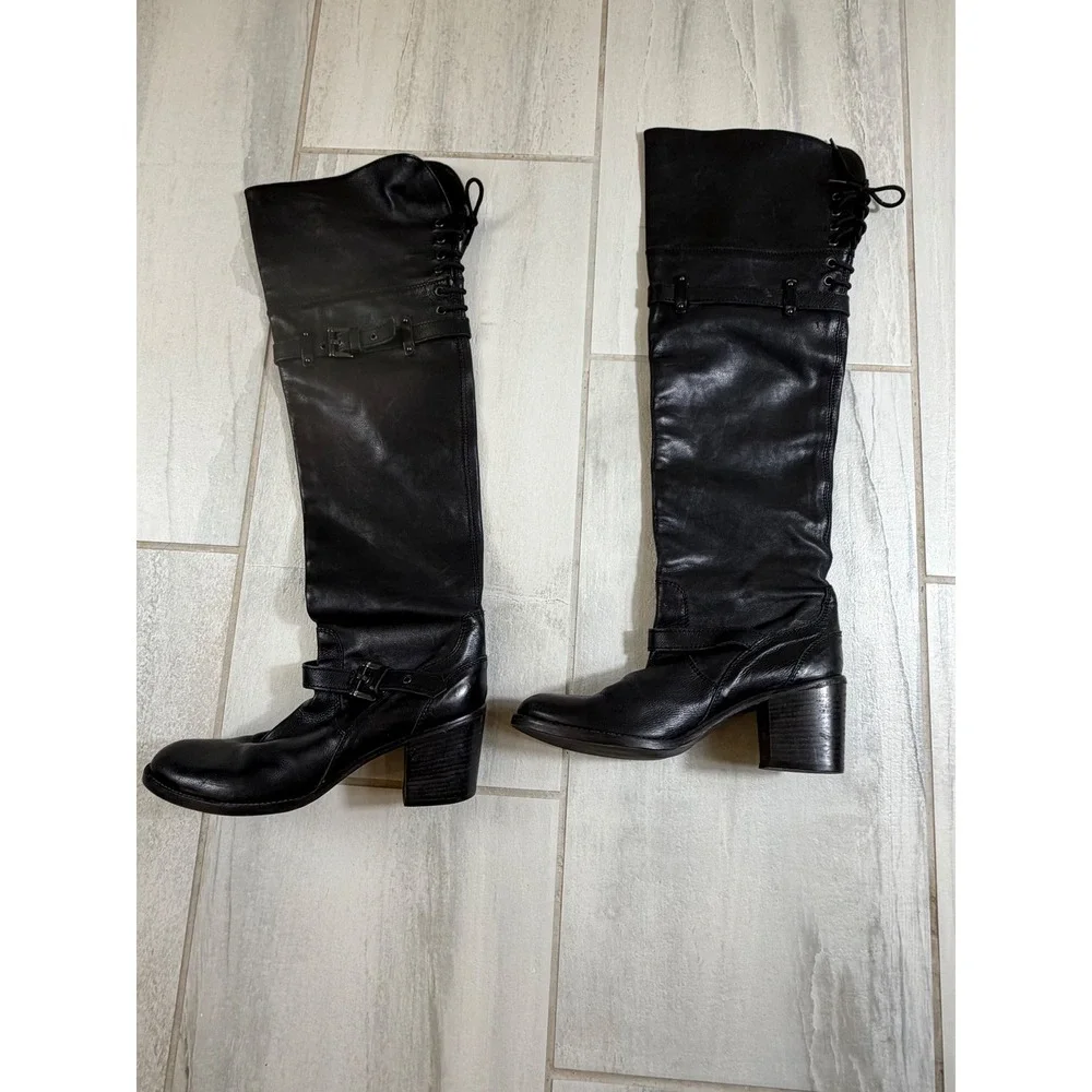 Jeannot Italy Black Leather Over The Knee Buckle Harness Block Heel Boots 40